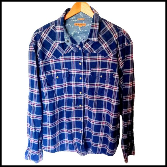 JACHS Girlfriend Bea Light Flannel Plaid Button-Down Shirt Blue XXL - Picture 2 of 14
